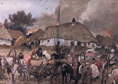 Auf dem Weg nach Brest-Litowsk: Polnische Flüchtlinge mit Kosaken im Hintergrund, aus Die illustrierte Geschichte des Weltkriegs 1914-1915, veröffentlicht von Union Berlagsefellfchaft, 1922, Band 3 von Max Tilke